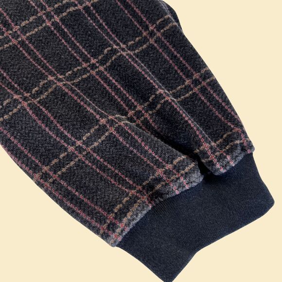 90s XL velour polo shirt, vintage black/purple plaid long sleeve by M.E. Sport - Picture 9 of 10